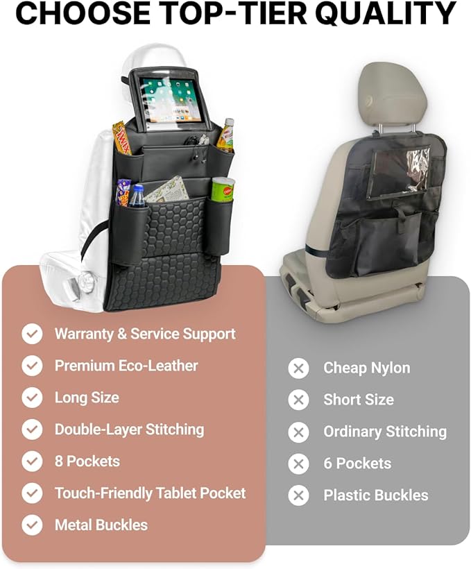 Owleys 2-in-1 Car Interior Set - Brown Eco Leather Seat Protector with Kick Guard + Kids Back Organizer with Tablet Pocket - Family Travel Gift