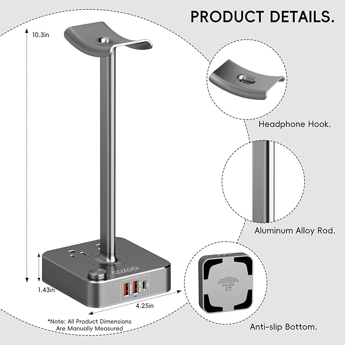 Headphone Stand with PD Fast Charger & QC3.0,Gaming Headset Holder with 3 USB Ports 2 AC Outlets for Desk,Cool Gamer Gifts for Men,Boyfriend,Teen Boys,Friends – Perfect Gaming Accessories & Room Setup