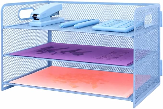 3 Tier Lettrer Tray Organizer with Handle, Metal Mesh Desk File Organizer with Sliding Trays, Paper Sorter Desk for Home Office School, Blue