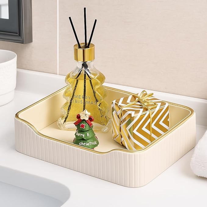 KINGFOM Prefume Tray, PU Leather Valet Tray Nightstand Organizer Trays for Men Women, Table Centerpieces Decorative Vanity Trays, Desk Organizer Tray for Key Jewelry Cosmetics (Ivory White)