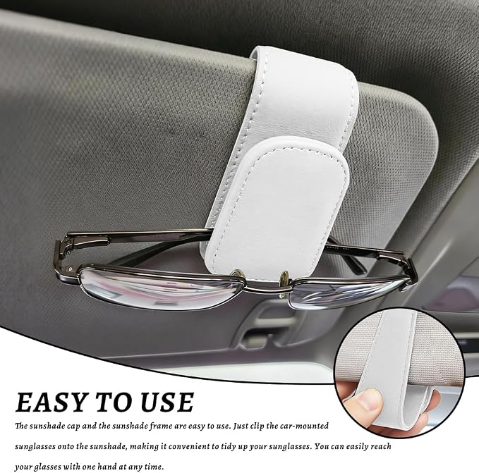 Sunglass Holder for Car, Car Sunglass Holder, Magnetic Leather Sunglasses Holder and Ticket Card Clip, Auto Multi-Functional Sun Visor Eyeglass Holders for SUV Pickup Truck (White)