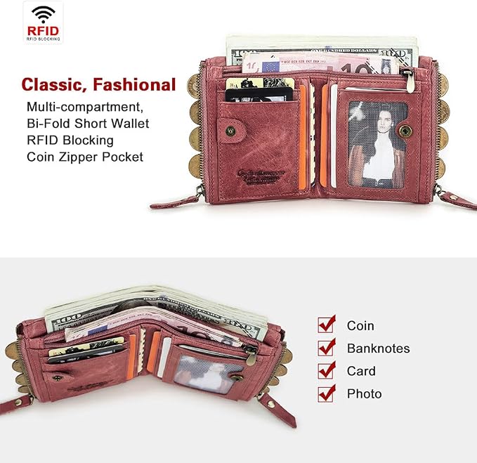 CONTACTS Soft Leather Wallet for Women Small Bifold Coin Purse Double Zipper Card Holder with RFID Blocking (Rose Tan)