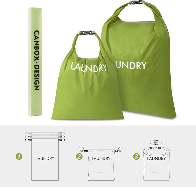 2 Pack Waterproof Travel Laundry Bag Set, Roll-Top Wet Dry Bag for Odor Control & Separating Dirty Clothes, Packable Space Saver Organizer for Gym, Swimming & Cruise Suitcases