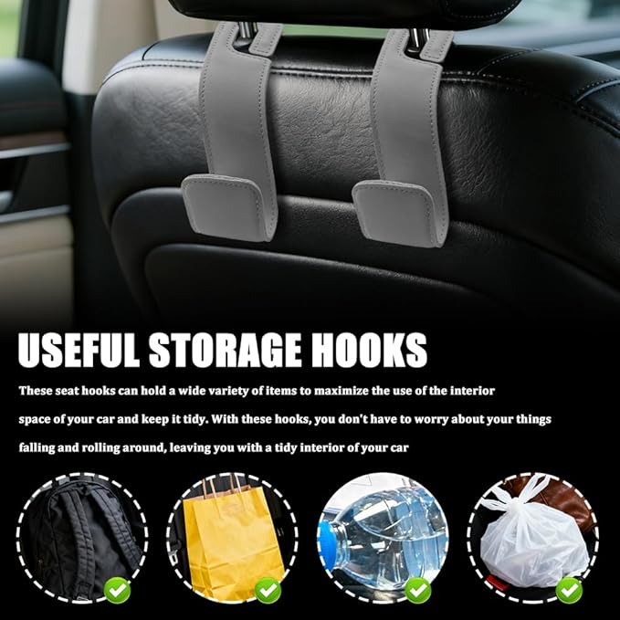 2PCS Car Seat Headrest Hooks, Purse Hook for Car, Automotive Headrest Handbags Holder, Auto Accessories Leather Seatback Organizer Hanger for Hanging Purses Bags Coats (Gray, 2PCS)