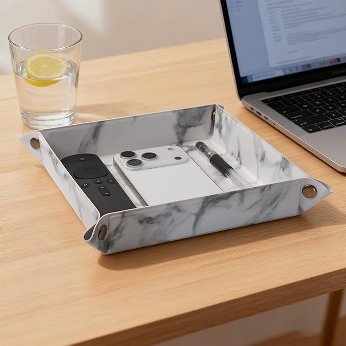 Valet Tray Desktop Storage Organizer – Premium PU Leather Catchall Bedside Vanity Tray Nightstand Caddy Holder for Remote Controller, Keys, Phone, Wallet, Coin, Jewelry,Marble White