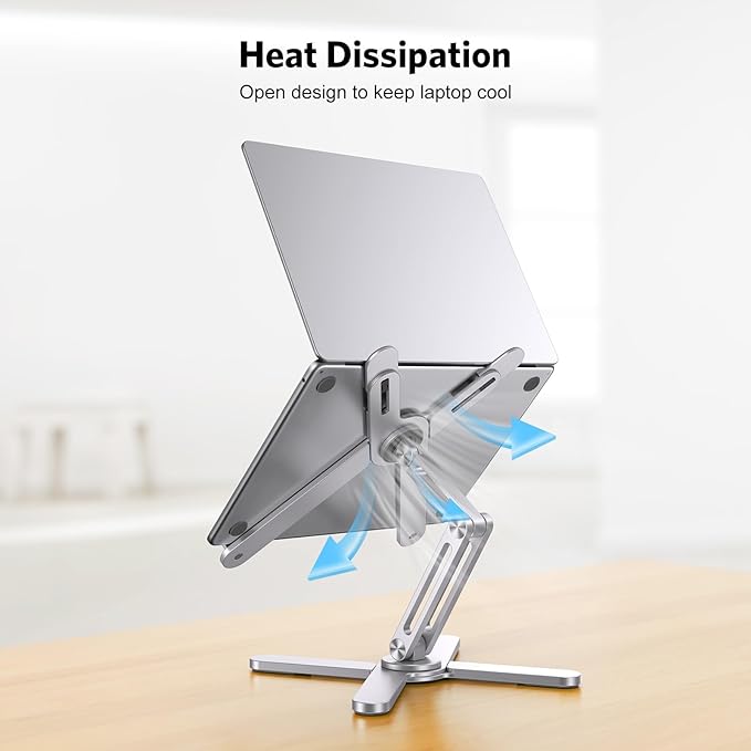 OMOTON LA10 360° Rotating Laptop Stand Riser for Desk, Ergonomic Foldable Computer Stand Adjustable Height Angles for Collaborative Work, Easy Storage Fit Macbooks,All Laptops up to 16 inches, Silver