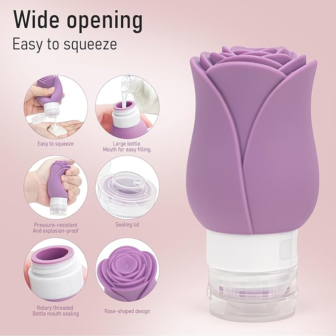 Travel Containers Bottle for Toiletry 4 Pack 3oz Leakproof TSA Approved & Refillable Mini Cream Jars, Silicone Squeeze Tube Rose Bottles for Shampoo Lotion Body Wash BPA Free +Bag, Purple Rose