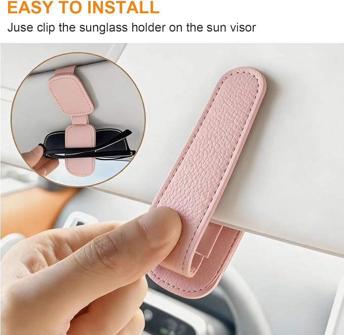 Sunglass Holder for Car, Magnetic Leather Sunglasses Clip for Car Visor, Eyeglass Hanger Clip for Car Sun Visor (Pink 2 Pack)