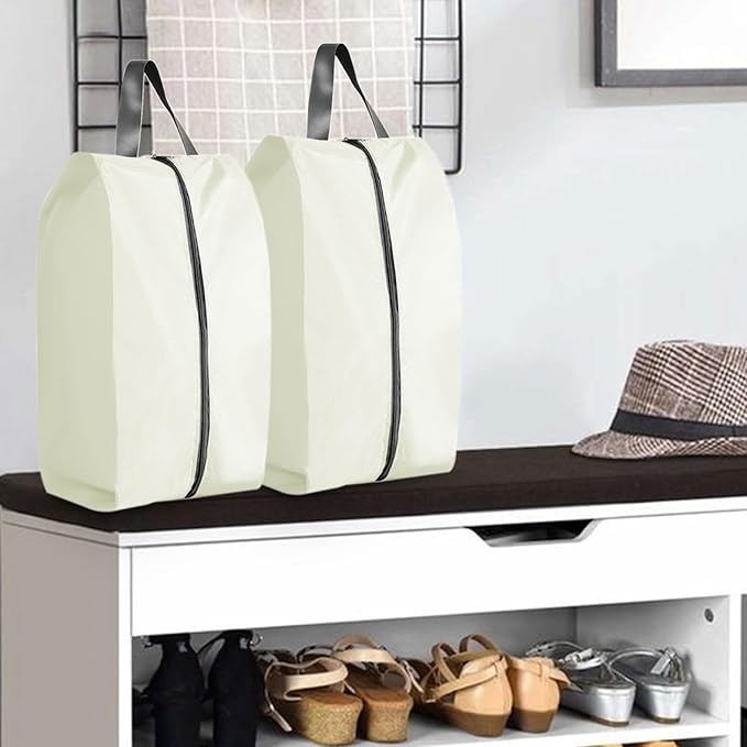 3 Pack Folding Shoe Bags for Travel with Zipper Closure, Waterproof Shoe Storage Bag with Handle, Washable Shoe Organizers Packing Cubes for Gym Women Men (Cream)