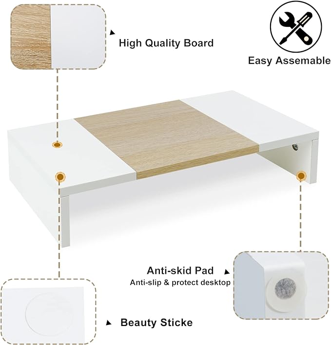 TEAMIX 3 Tiers 20 Inch Desktop Monitor Stand Riser Printer Stand for Desk Organizer (White+Maple)