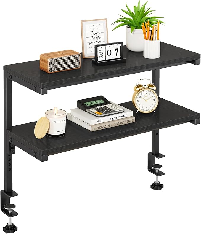 IBUYKE Clamp on Desk Shelf, 22.8” Large Desk Extender Shelves,Tool-Free Flexible Repositioning and Adjustable 2-Tier Storage Shelves for Desktop Accessories Below Desk TMZ010B