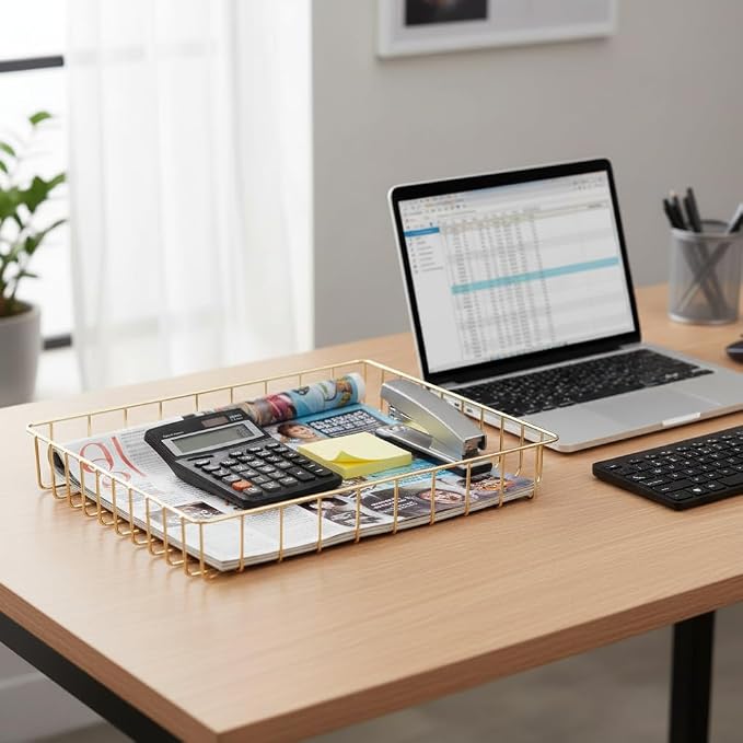 Paper Organizer for Desk Metal Paper Tray Large Capacity Letter Tray File Holder Mail Inbox Storage Organizer Basket for Office Classroom Desktop,12.5" x 9.4" x 1.9",Gold