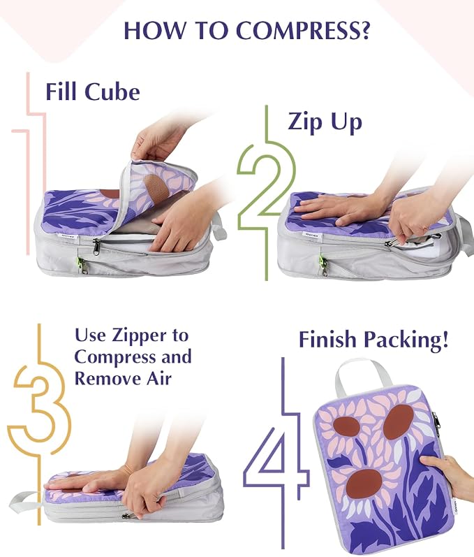 Gonex Compression Packing Cubes, 10pcs Expandable Storage Travel Luggage Bags Organizers with Hanging Toiletry Bag Laundry Bag Shoe Bag Accessories Bag, Travel Cubes for Suitcase Carry On (Flowers)