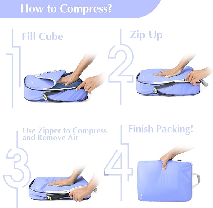 Gonex Compression Packing Cubes, 4pcs Expandable Storage Travel Luggage Bags Organizers (Periwinkle)
