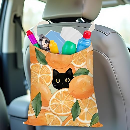 Black Cat Car Trash Bag, Orange Car Trash Bag Hanging, Orange Accessories, Summer Decor Waterproof Cars Back Seat Hanging Organizer Garbage Can for Vehicle Travelling Camping