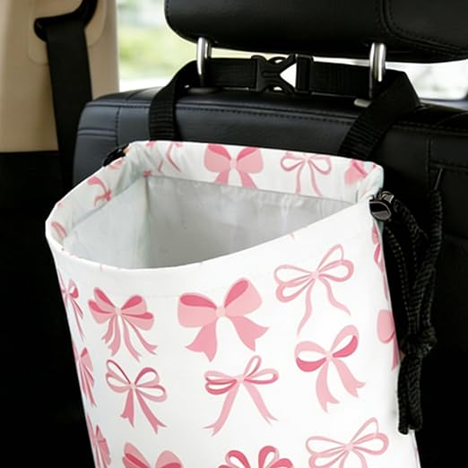 Cute Bow Car Trash Bag - Waterproof Car Trash Bag Hanging Leakproof Car Garbage Bag - Washable Reusable Trash Bag for Car Interior Hanging Organizer Storage Vehicle Travelling Camping