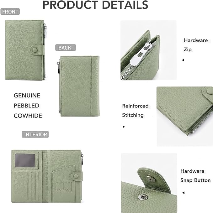 Genuine Leather Passport Holder for Women, RFID Blocking Compact Travel Wallet with Card Slots, Zipper Coin Pocket and SIM Slots, Slim Passport Cover Case, Green