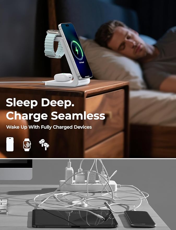 Meifigno 3 in 1 Wireless Charging Station for Apple MagSafe Charger, 15W Fast MagSafe Charger Stand Compatible with iPhone 17-12 Series, Apple Watch & AirPods, White