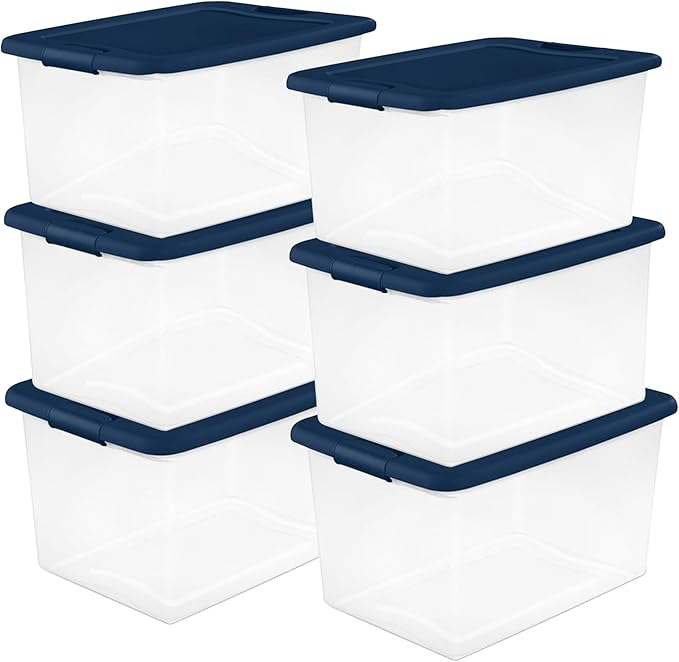 Sterilite 12-Pack Color Program, Large Clear Plastic Storage Bins with Lids, 64 Quart, Blue - Stackable Organizing Container Boxes for Closet, Bathroom, and Office