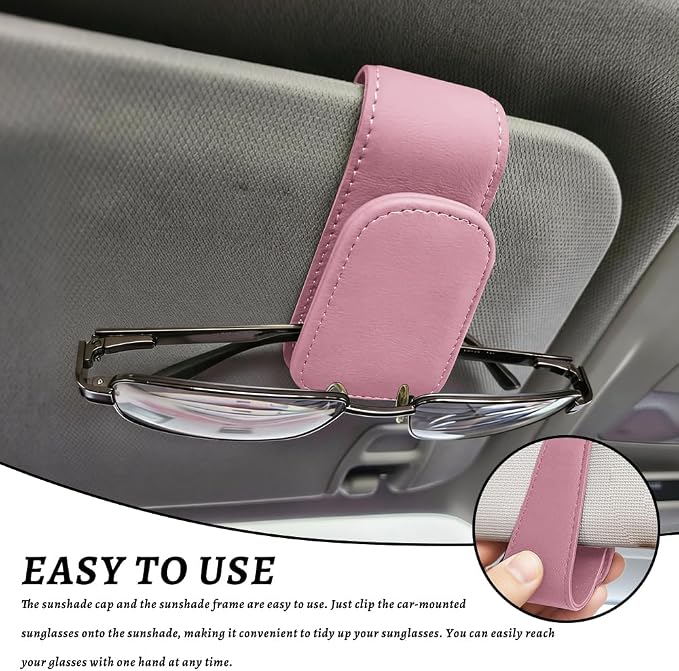 Sunglass Holder for Car, Car Sunglass Holder, Magnetic Leather Sunglasses Holder and Ticket Card Clip, Auto Multi-Functional Sun Visor Eyeglass Holders for SUV Pickup Truck (Pink)