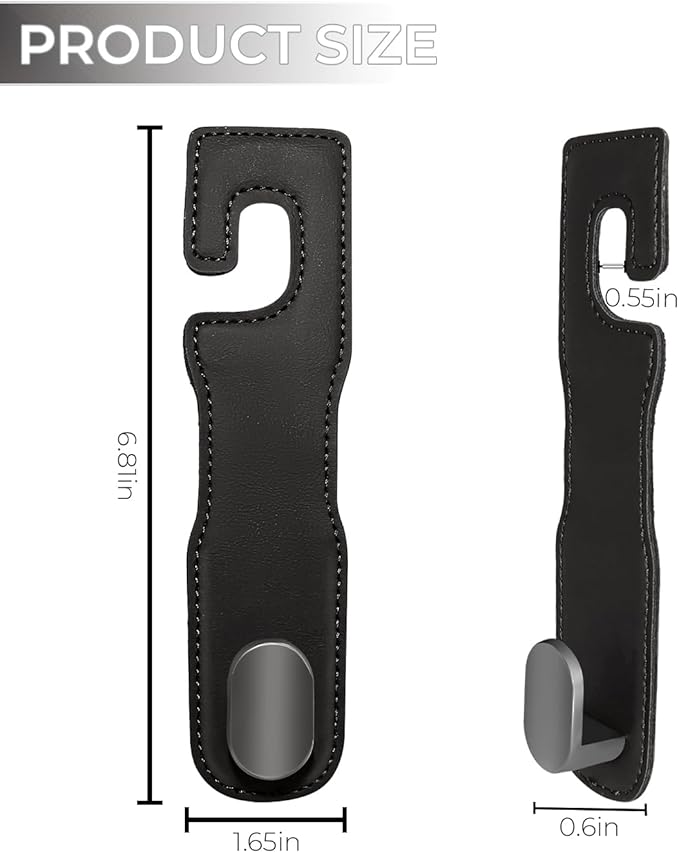 Car Headrest Hook, 2 Pack Car Seat Hooks, PU Leather & Stainless Steel Car Seat Organizer for Purses & Bags, Supports Up to 44 lbs Black