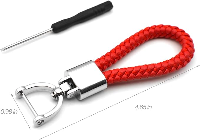 FEYOUN Universal Red Leather Car Fob Keychain Metal Keyring Woven Strap Braided Rope Key Chain for Men and Women - Silver Color, with 360 Degree Rotatable D-ring and Screwdriver