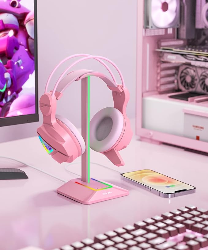 New Bee RGB Headphone Stand with 1 USB-C Charging Port and 1 USB Charging Port, Desk Headset Stand with 7 Light Modes and Non-Slip Rubber Base Suitable for All Earphone Accessories (Pink)