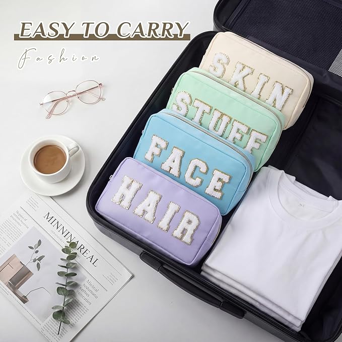 Cunno 4 Pcs Preppy Makeup Bags Chenille Letter Stuff Bag Nylon Cosmetic Pouch Cases with Zipper for Women Travel Toiletry