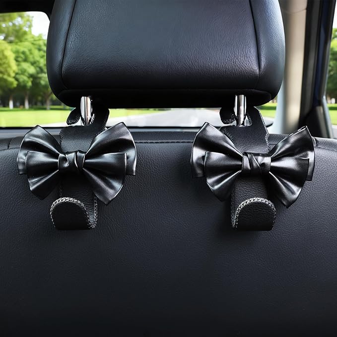 Car Purse Hook, Cute Bow Hooks for Headrest - Leather U-Shaped Purse Holder for Car, Flexible Seat Back Organizer & Durable Vehicle Accessories for Bags, Coats & More (Black-2 Pack)