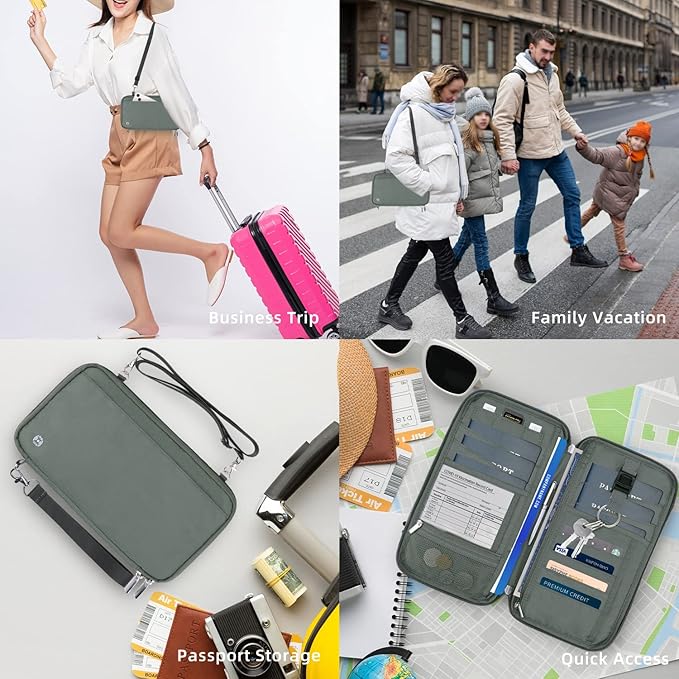 WALNEW RFID Family Passport Holder Wallet with Tracker/AirTag Holder, Travel Document Organizer Zipper Pouch with Wristlet and Cross Body Straps for Women Men