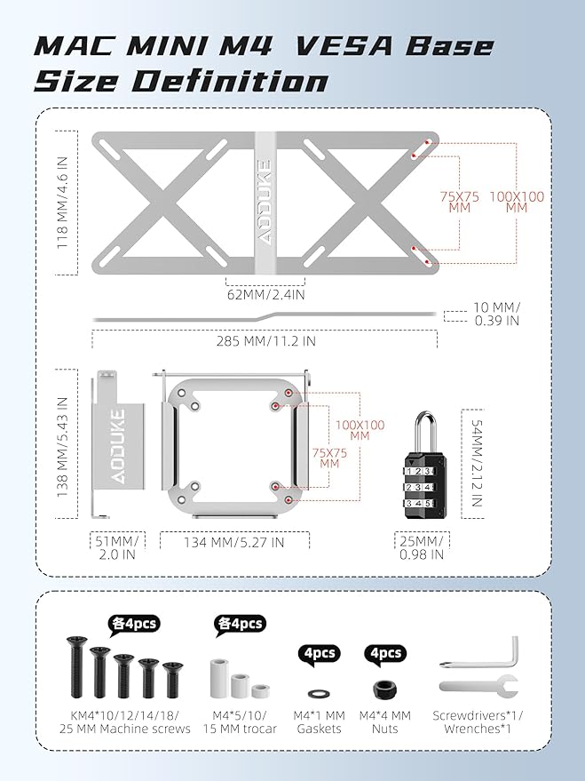 with Combination Security lock 2024 Mac Mini M4 VESA Computer Monitor Mount Bracket for Anti-theft Server Rack Extension Plate Adapter, Compatible 75X75/100X100MM Hole distance-AJM4GS-BWM