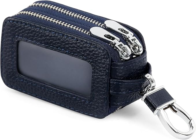 SENDEFN Car Key Fob Case Double Zipper Leather Smart Remote Keychain Protector Holder with Transparent Window