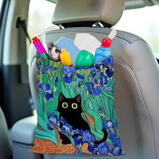 Black Cat Car Trash Bag, Car Trash Bag Hanging, Waterproof Cars Back Seat Hanging Organizer and Storage Trash Bags for Vehicle Travelling Camping Irises Decor