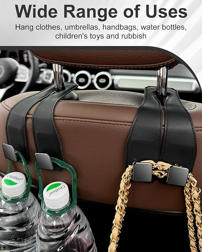 2 Pcs Car Hooks for Headrest, Adjustable Vehicle Seat Back Car Organizers and Storage Accessories, Universal Fit Double Metal Leather Purse Holder for Car(Black)