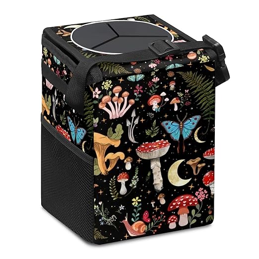 Car Trash Can with Lid Vintage Mushroom Ferns Floral Collapsible Reusable Leak-Proof Auto Garage Bag,Hanging Vehicle Car Accessories Interior Car Organizer