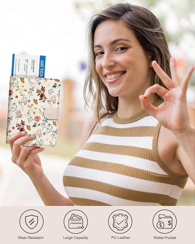 Slohif Passport Wallet Holder Cover for Travel - Women Men RFID Blocking Passport Book Case Protector, Cream Floral Butterfly Leather Personalized Organizer Slim Carrier Boarding Pass Cards Slots