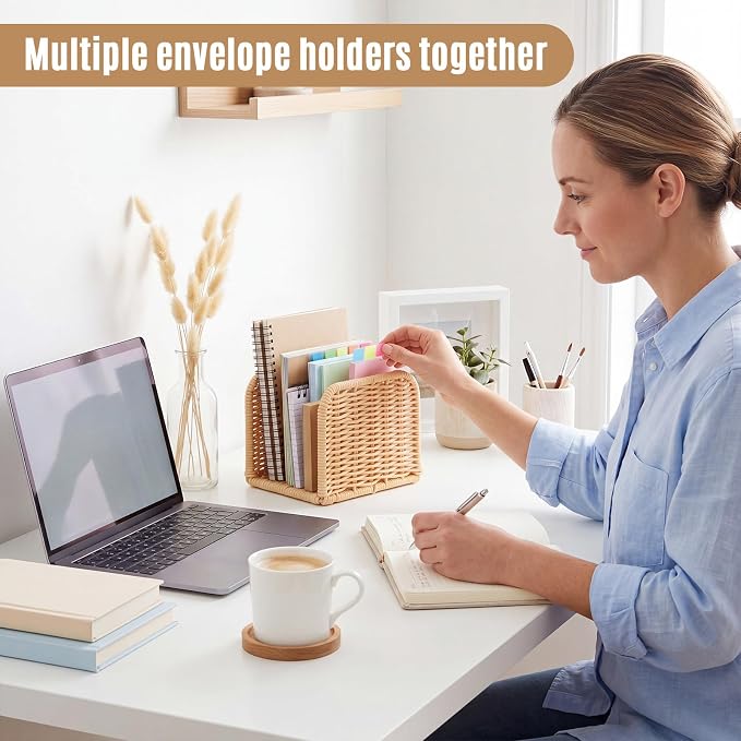 Rattan Mail Organizer for Desk Mail Holder Countertop Rattan Letter Sorter File Holder Envelope Book Stand Farmhouse Office Desk Organizer and Storage Accessories