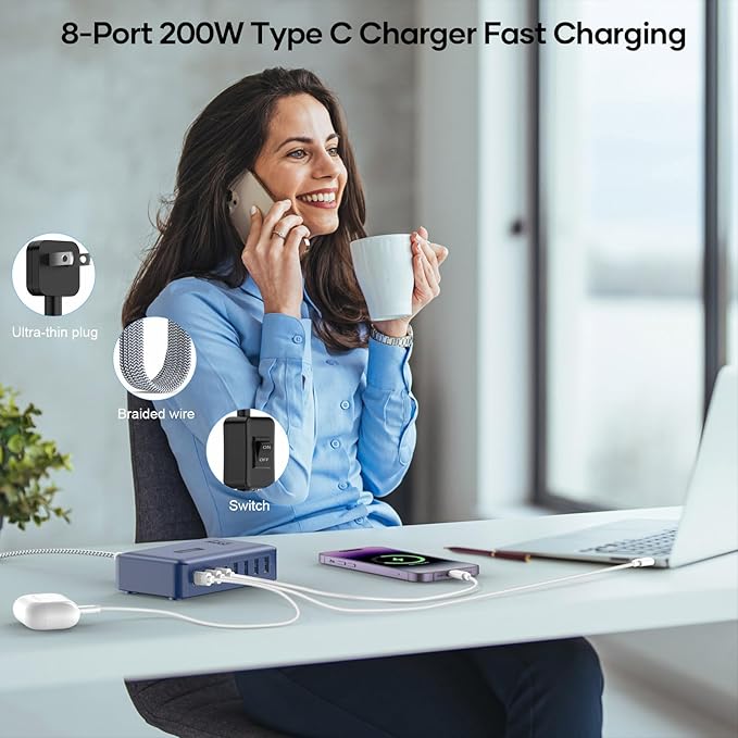 8-Port iPhone Charger Fast Charging 200W with Flat Plug, Braided Power Cord, and On/Off Switch- USB Charging Hub for iPhone, iPad, MacBook and More- 65W C Port Power Adapter for Laptops