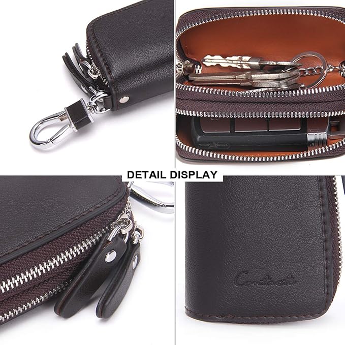 CONTACTS Car Key Case Small Leather Double Zipper Key Holder with 4 Keyrings Keys Organizer for Men Women