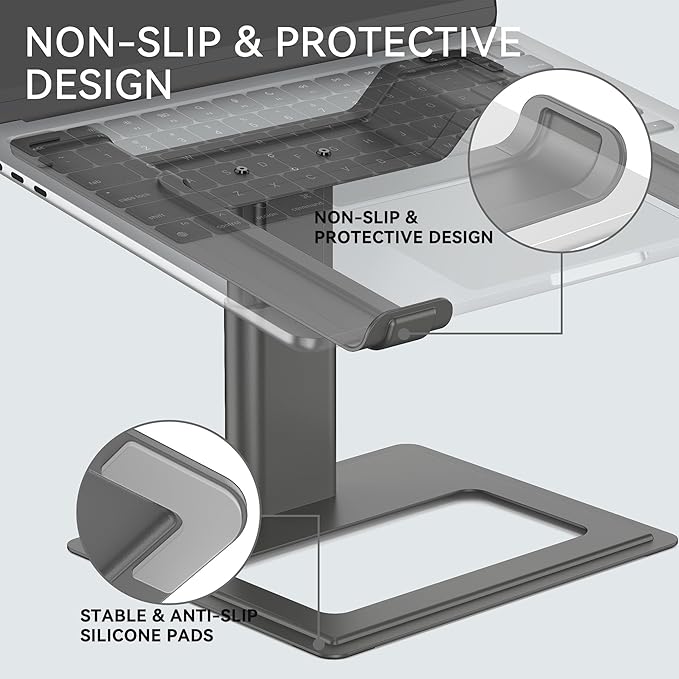 SOUNDANCE Adjustable Laptop Stand, Ergonomic Aluminum Riser for 10-17.3” Notebooks, Ventilated Metal Holder with Height Alignment for Desk Workspace, Grey