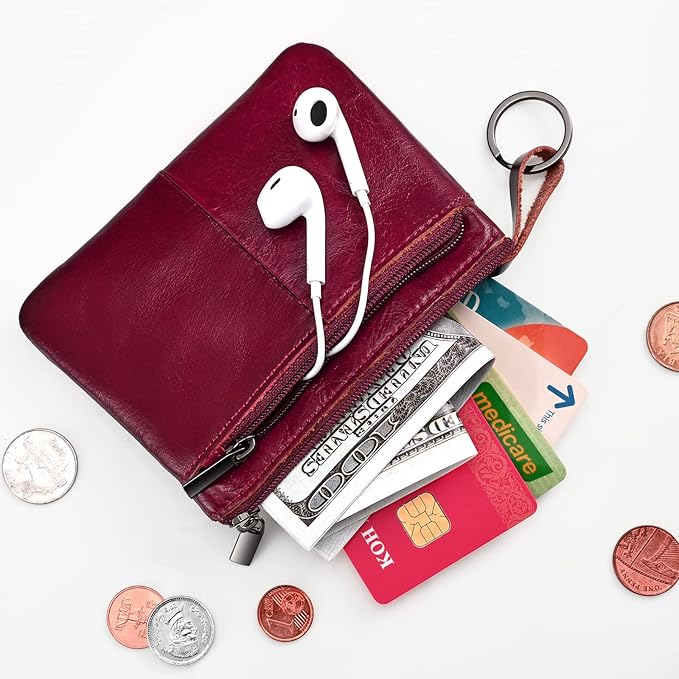 Wine Red Genuine Leather Multi-Functional Wallet - Compact Card Holder, Coin Purse & Key Organizer with 3 Zippers, Built-in Key Ring, Perfect for Travel, Work & Daily Use