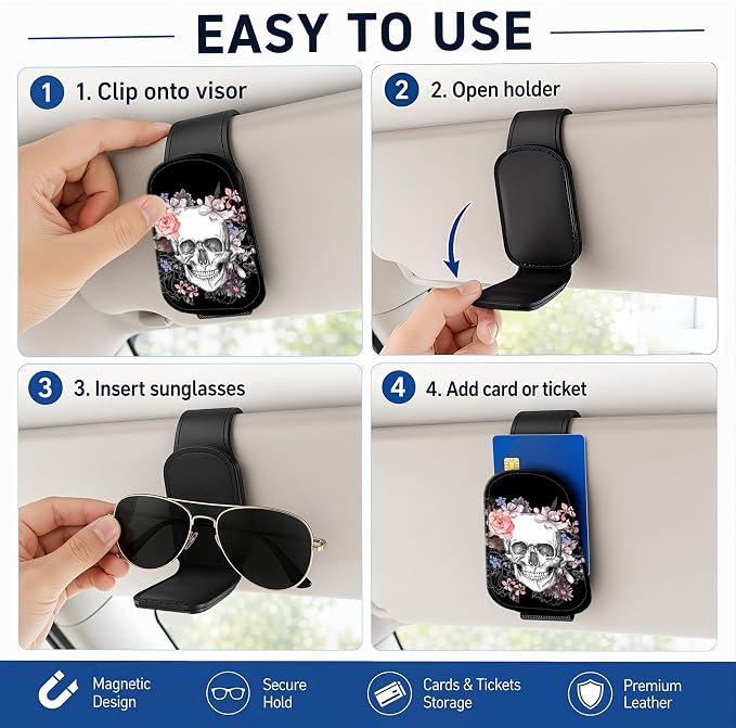 Leather Magnetic Sunglass Holder for Car Sun Visor, Cute Eyeglass Ticket Card Hanger Clip, Universal Auto Interior Accessories for SUV Pickup Truck, Skull Floral