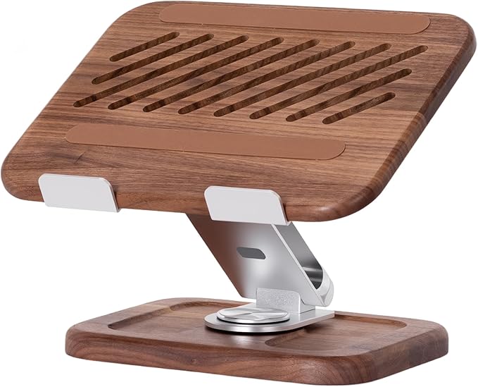 Walnut-Wooden Laptop Stand for Desk, Adjustable Height & Angle with 360° Aluminum Alloy Swivel Base, Wood Laptop Stand Compatible with MacBook Pro, All Laptops 10-17", Brown