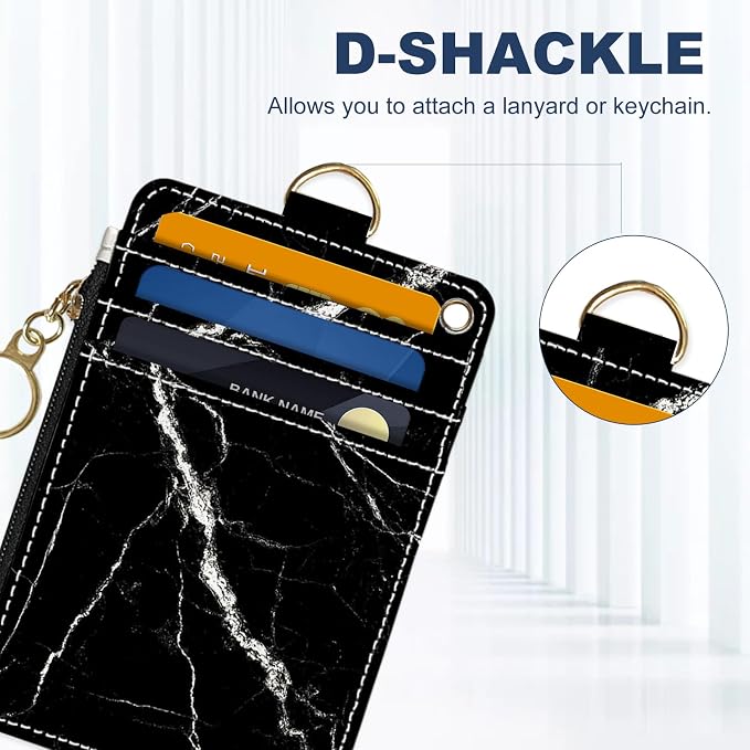 Slim Wallet Credit Card Holder, Black marble texture, RFID Wallet Women Cute Small Front Pocket Wallet With Zipper, PU Leather Thin travel RFID Blocking Card Case ID Window,Ladies Gifts