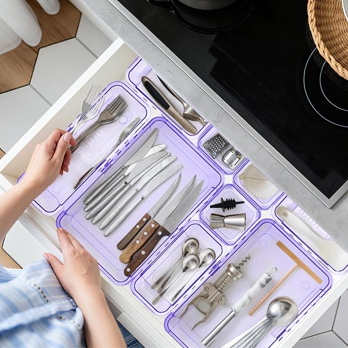 20 Pcs Adjustable Clear Drawer Organizer, Extendable Vanity Storage Bins, Desk Drawer Organizer Set for Makeup, Cosmetics, Bedroom, and Gadgets, Purple