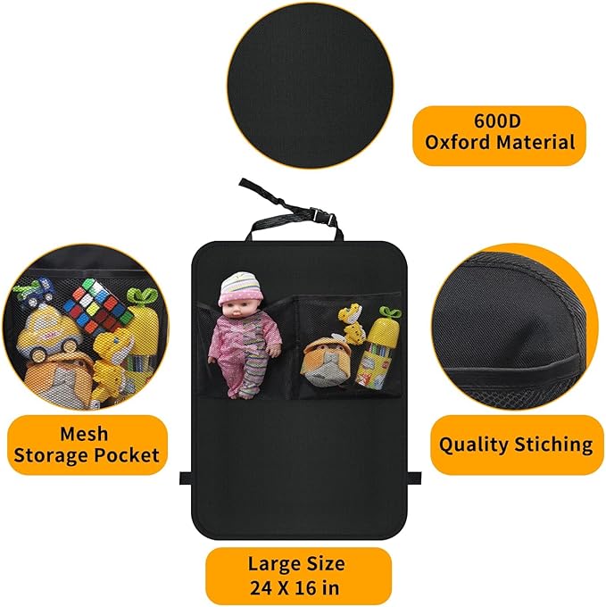 Kick Mats with Organizer - 2 Pack Backseat Protector Seat Covers for Your Car, SUV, Minivan or Truck Seats - Vehicle Back Seat Kids Safety Accessories - Universal Fit Automotive Interior Protectors