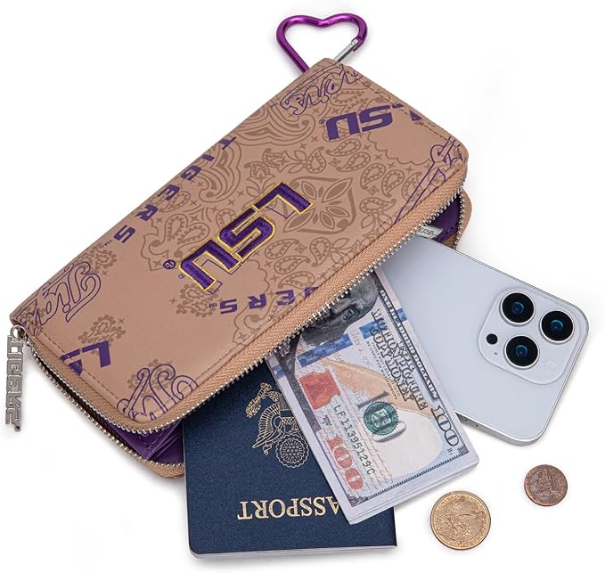 LSU Women Wristlet Purse with RFID Blocking Card Slot, LSU Clutch Zipper Wallet for Gift, Game Day, Concert Essentials | Khaki, NC-LSU011KH