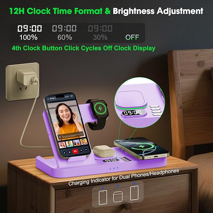 Dual Phone Wireless Charging Station for Apple Devices, Magnetic Charging Station for iPhone with Auto Switch 7-Color Light&Clock,Family Watch Charger for iPhone17 for iWatch11for AirPods Pro3(Lilac