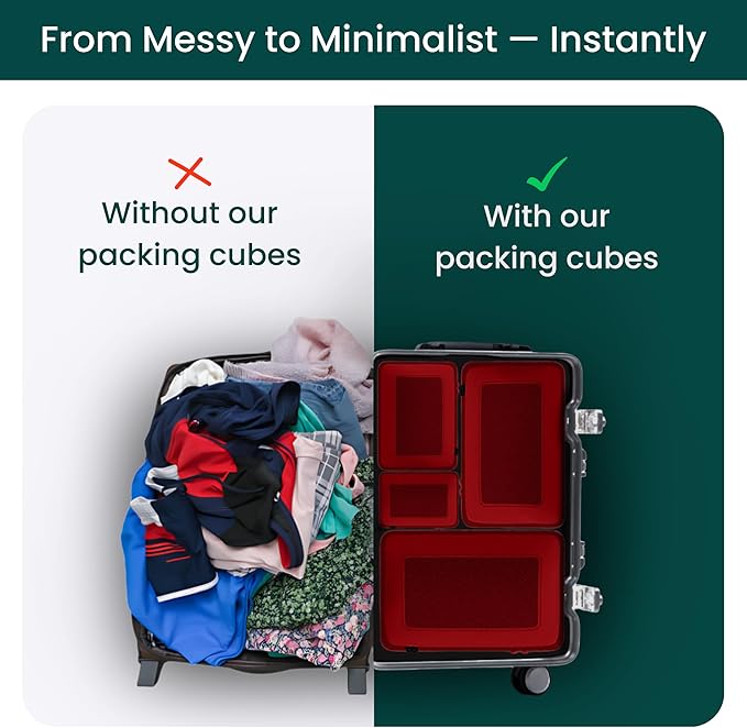 NOBL Travel Compressible Packing Cubes Set, 6 Pieces Travel Packing Organizers, Compression Luggage Cubes for Suitcases & Carry On, Space Saving - Cherry Red