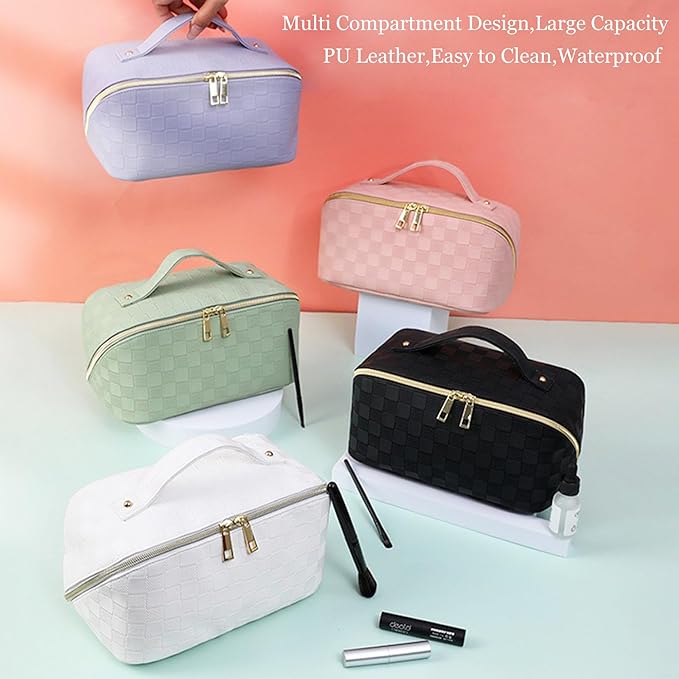 Cosmetic Bag,Travel Makeup Bag, Large Capacity Cosmetic Bags for Women, Waterproof Portable Open Flat Toiletry Bags,Makeup Organizer Bag with Divider and Handle, Pink Cosmetic Pouch Gifts for Women